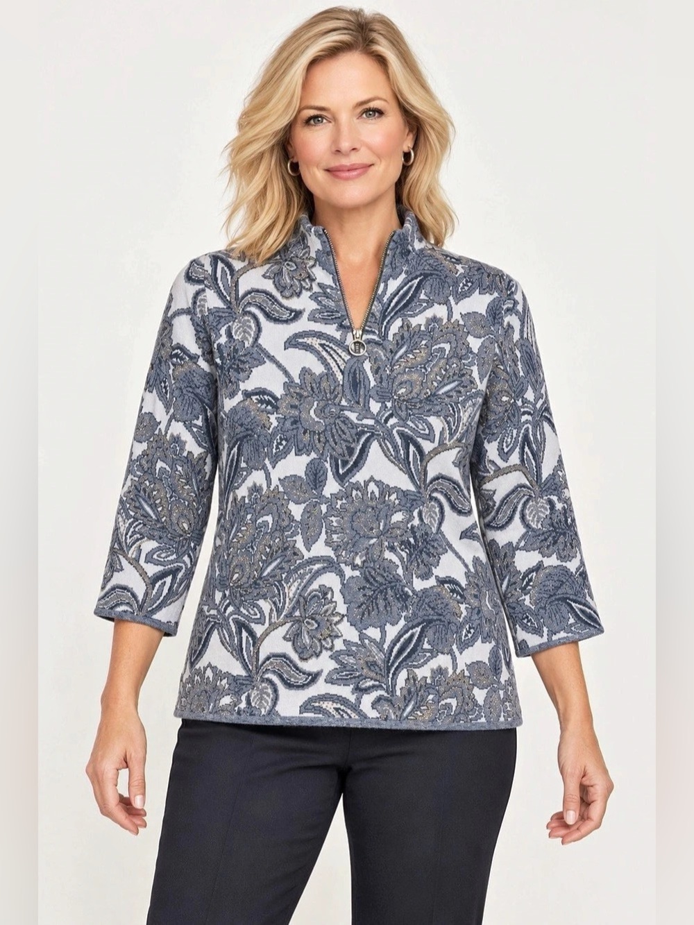 Chico’s Women’s Floral Paisley Metallic Knit Quarter-Zip Sweater Size 2